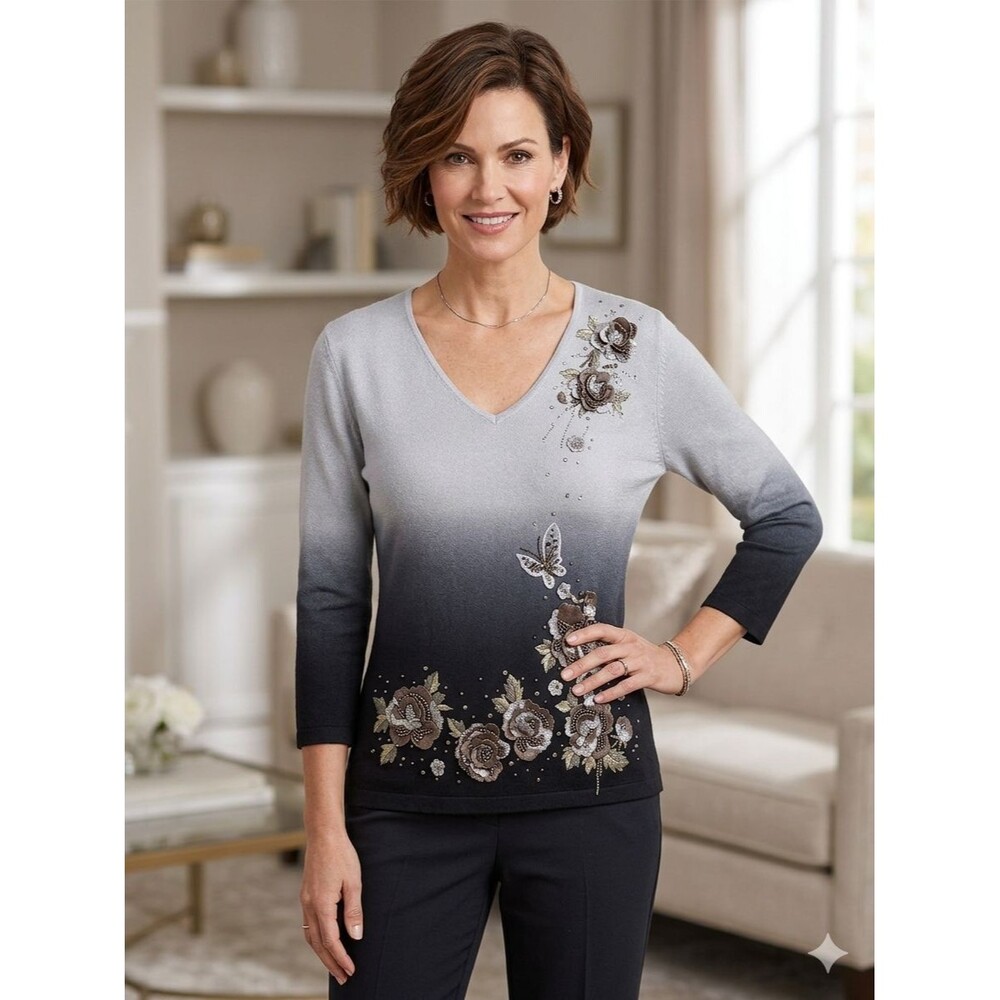 Michelle Nicole Ombre V-Neck Sweater Size L Floral Embroidered Beaded Black Gray